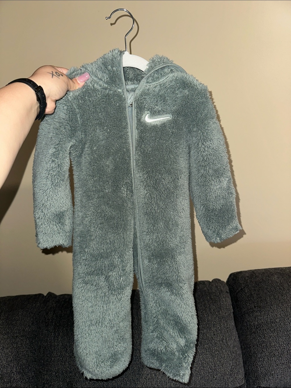 Nike Plush Hooded Baby One-Piece in Sage Green